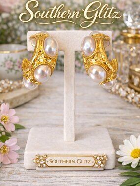 Gold Pearl Statement Earrings, Chunky Pearl Hoop Earrings, Bold Sculptural Earri